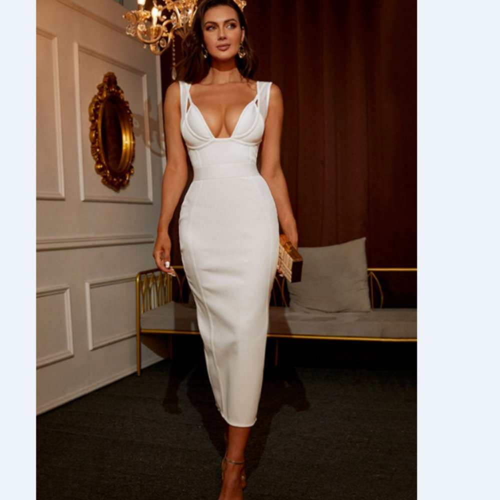 Ribbed Deep V Midi Bandage Dress